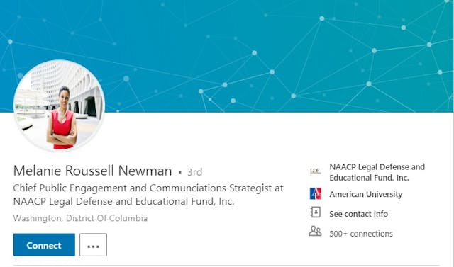 Melanie Roussell Newman LinkedIn page NAACP (Image screen LinkedIn accessed Jan 14, 2019) Image: Melanie Roussell Newman LinkedIn page NAACP (Image screen LinkedIn accessed Jan 14, 2019)