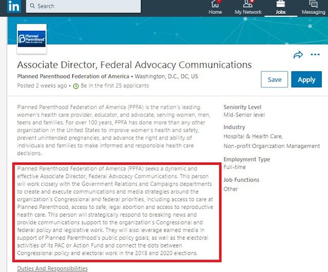 Image: PPFA new positions Assoc Director Federal Advocacy Communications (Image: LinkedIn)