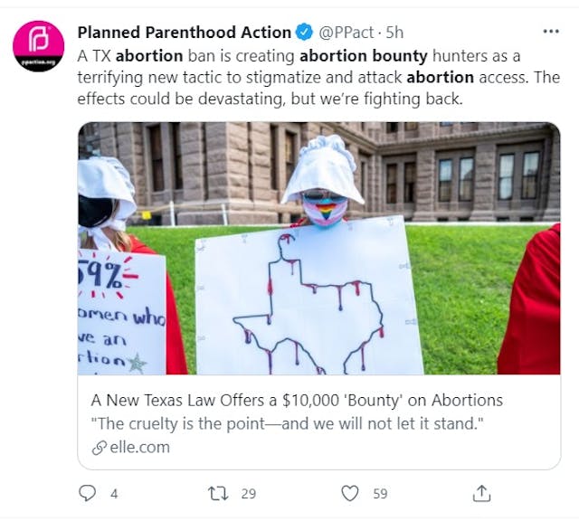 Planned Parenthood Action claims Texas is offering Bounty on abortion (Image: Twitter) Image: Planned Parenthood Action claims Texas is offering Bounty on abortion (Image: Twitter)