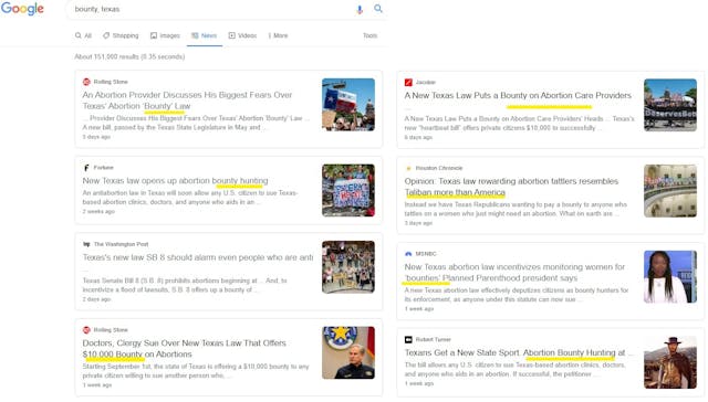 Top Google News Stories claim Texas abortion bounty Image: Top Google News Stories claim Texas abortion bounty