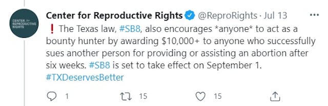 Image: Center for Reproductive Rights claims Texas is offering Bounty on abortion (Image: Twitter)