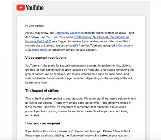Screenshot of YouTube’s notice to Live Action YouTube censors Live Action video