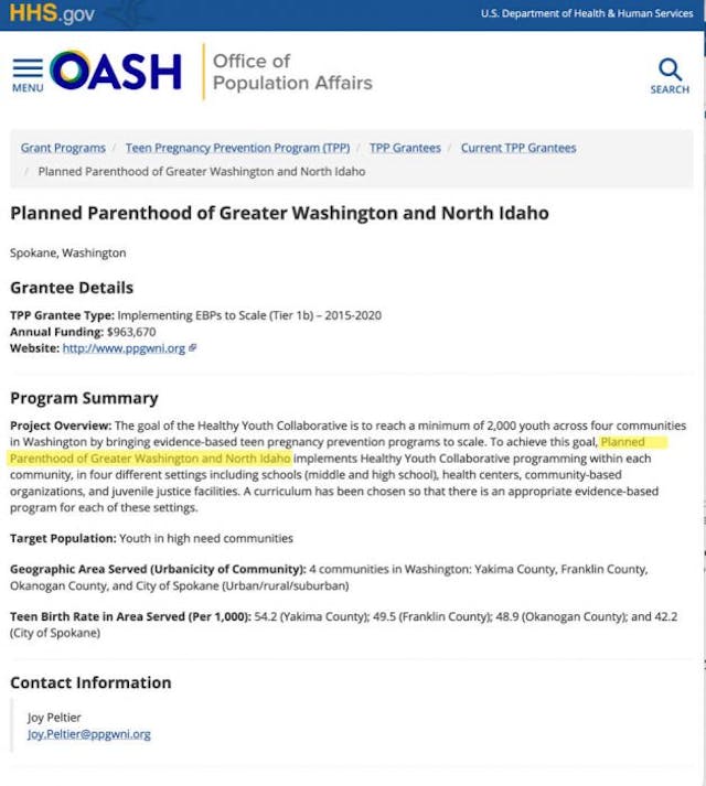 PP of Greater Washington and North Idaho OPA grantee (sex ed) PP of Greater Washington and North Idaho OPA grantee (sex ed)