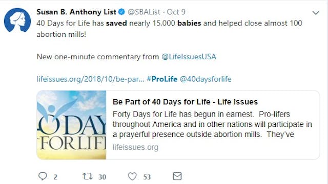SBA List on how many babies saved by 40 Days for Life (Image: Twitter) Image: SBA List on how many babies saved by 40 Days for Life (Image: Twitter)