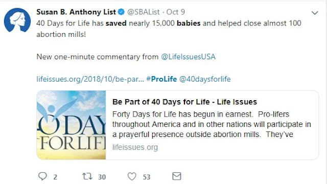 Image: SBA List on how many babies saved by 40 Days for Life (Image: Twitter)