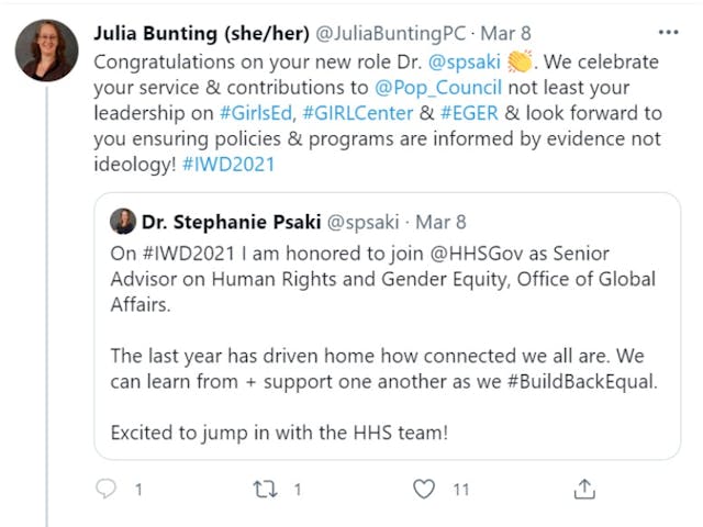 Population Council prez congratulates HHS advisor Stephanie Psaki (Image: Twitter) Image: Population Council prez congratulates HHS advisor Stephanie Psaki (Image: Twitter)