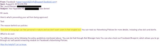Email from Facebook to Laura Klassen of Choice42 Facebook
