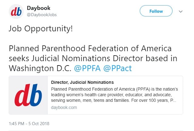 Planned Parenthood job Judicial Nominations Director (Image credit: Daybook on Twitter) Image: Planned Parenthood job Judicial Nominations Director (Image credit: Daybook on Twitter)