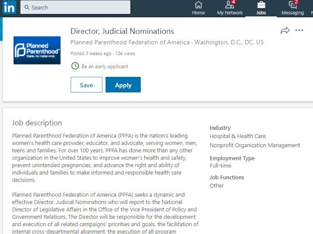 Planned Parenthood job Judicial Nominations Director (Image screen: PPFA LinkedIn page) Planned Parenthood job Judicial Nominations Director (Image screen PPFA LinkedIn page)