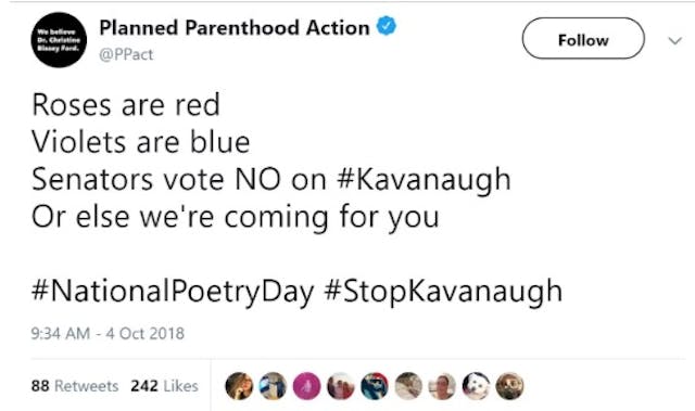 Planned Parenthood tweet threatening pro-Kavanaugh senators Image: Planned Parenthood Tweet