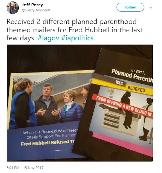 Fred Hubbell Campaign mailers (Image credit: Twitter) Image: Fred Hubbell Campaign mailers and Planned Parenthood (Image credit: Twitter)