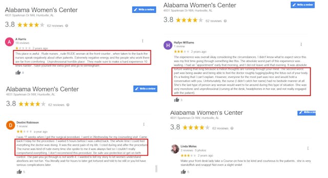 Alabama Women’s Center Google review complaints about feeling abortion and abortion nurse accessed 06/28/21 Image: Alabama Women's Center Google review complaints about feeling abortion and abortion nurse accessed 062821jpg