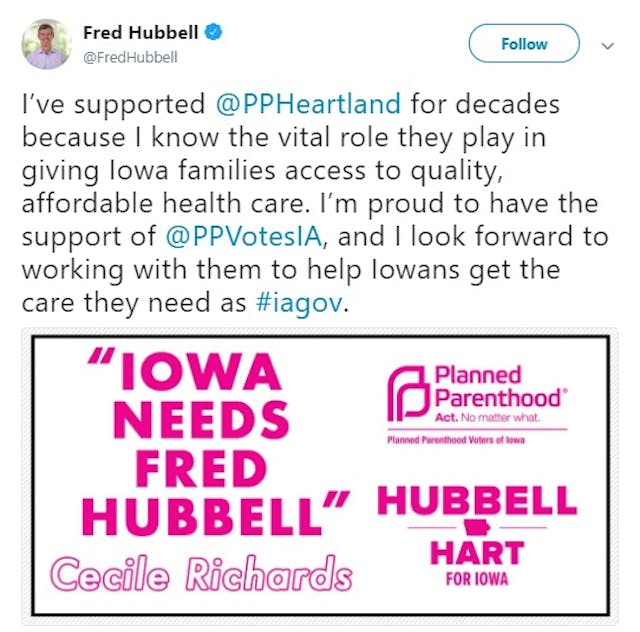 Fred Hubbell tweet Image: Fred Hubbell tweets Planned Parenthood