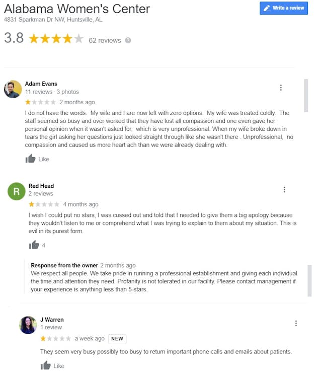 Alabama Women’s Center abortion reviews on Google accessed 062821 Image: Alabama Women's Center abortion reviews on Google accessed 062821