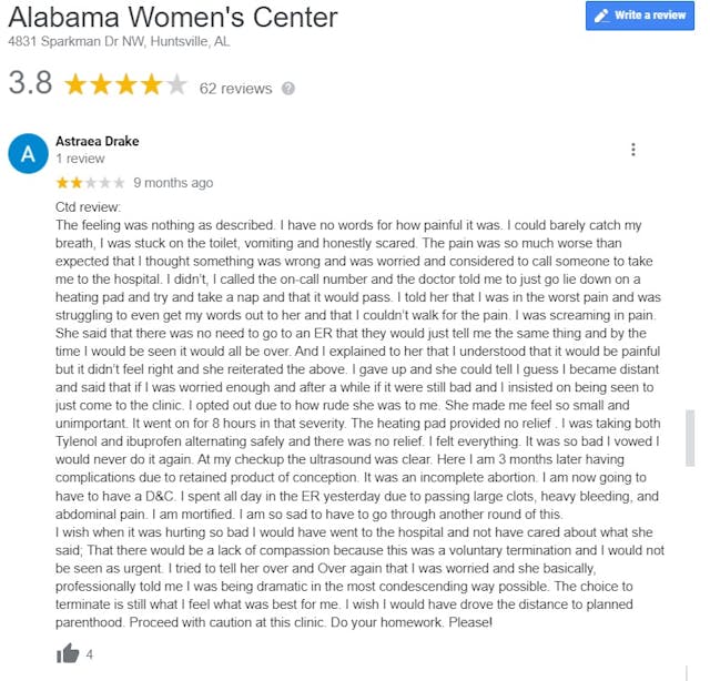 Alabama Women’s Center abortion pill review on Google accessed 062821jpg Image: Alabama Women's Center abortion pill review on Google accessed 062821jpg