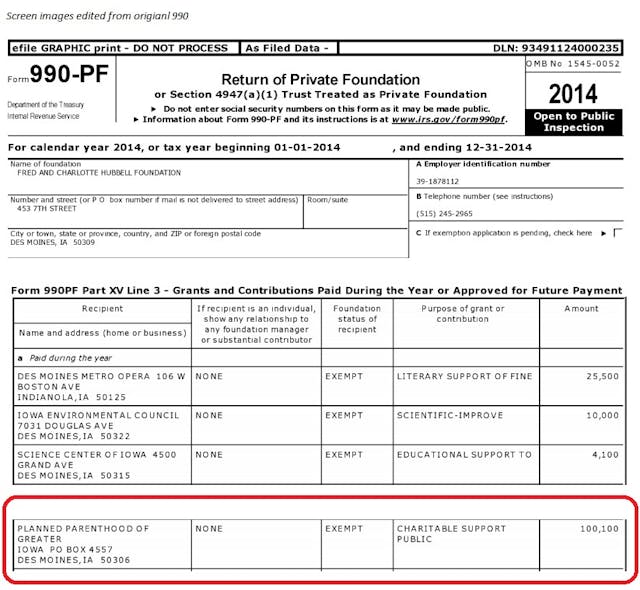 Fred Hubbell Foundation gave PP of Greater Iowa $100k (Image: 2014 990) Image: Fred Hubbell Foundation gave Planned Parenthood Iowa 100 thousand dollars (Image: 2014 990)