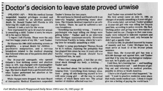 Image: article Ronald Tauber pedophile abortionist