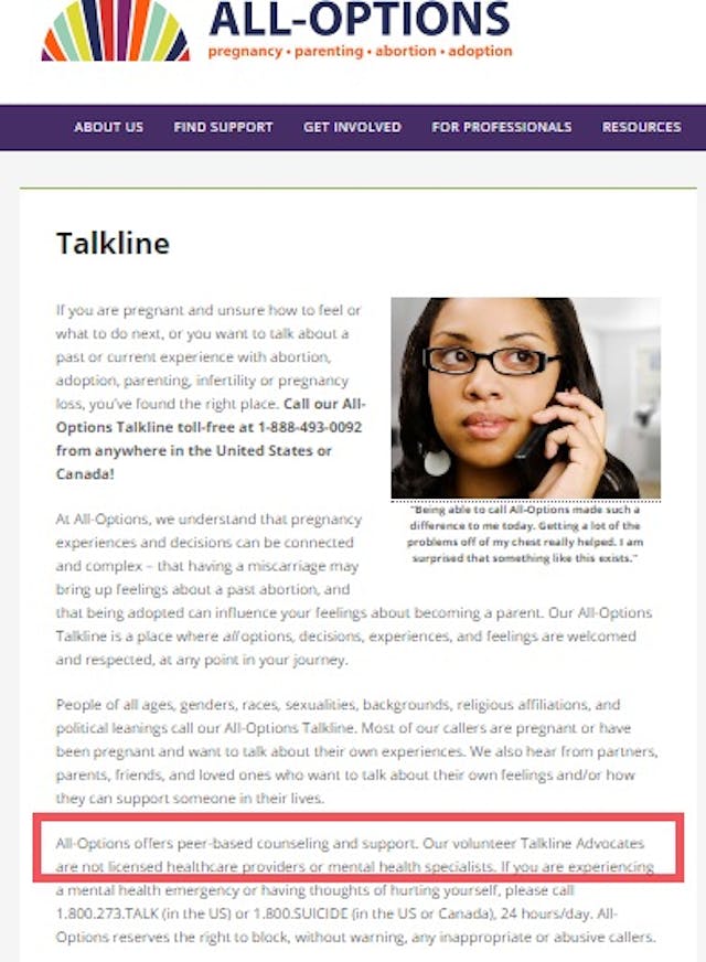 All-Options Talkline Image: All-Options Talkline no licensed counselors