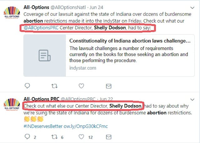 Image: Shelly Dodson center director All Options abortion fake PRC (Image credit: Twitter)