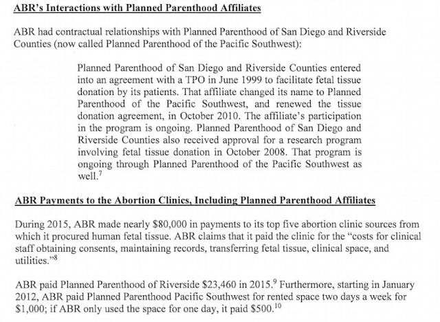 ABRs interactions with Planned Parenthood fetal tissue (Image credit: Letter from Rep. Marsha Blackburn) Image: ABRs interactions with Planned Parenthood fetal tissue