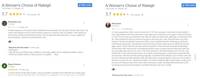 Raleigh abortion facility Google reviews Horrible experience and abortion pill did not work accessed 061721 Image: Raleigh abortion facility Google reviews Horrible experience and abortion pill did not work accessed 061721