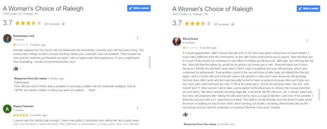 Image: Raleigh abortion facility Google reviews Horrible experience and abortion pill did not work accessed 061721