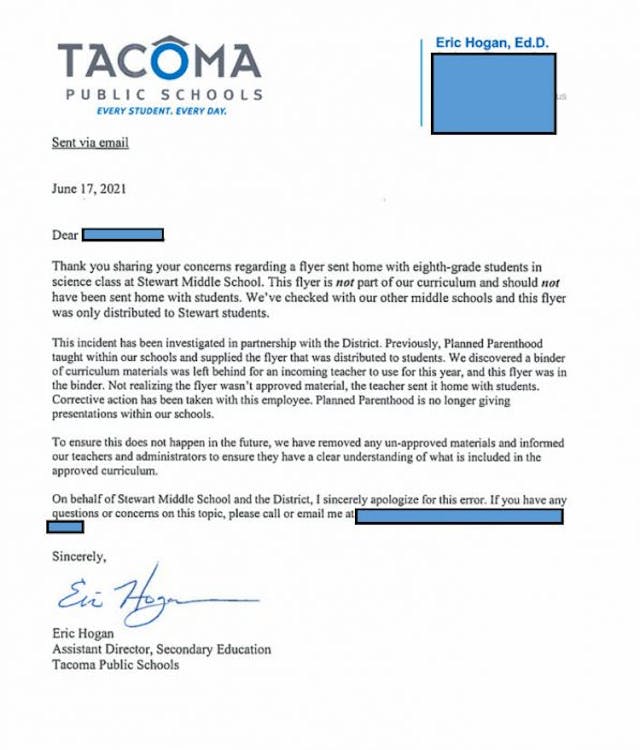Letter from Tacoma Public Schools Parents enraged as Planned Parenthood school flyer promotes sex to 11-year-olds image