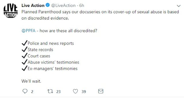Planned Parenthood claims Aiding Abusers report discredited. (Image credit: Live Action Twitter Page) Image: Planned Parenthood claims Aiding Abusers report discredited (Image credit: Live Action Twitter Page)