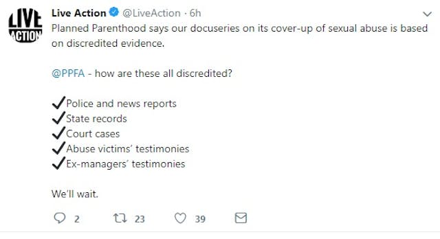 Image: Planned Parenthood claims Aiding Abusers report discredited (Image credit: Live Action Twitter Page)