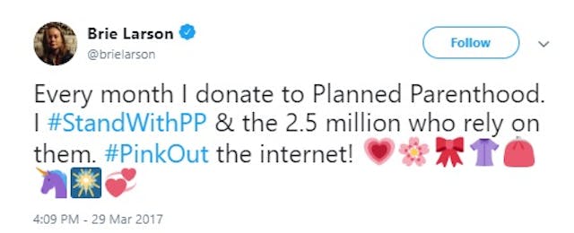 Image: Brie Larson tweets support for Planned Parenthood silent about PPs cover up of child sexual abuse (Image credit: Twitter)