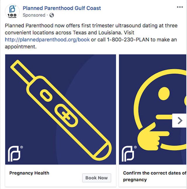 Planned Parenthood ultrasound ad seen on Facebook ultrasound Planned Parenthood ad