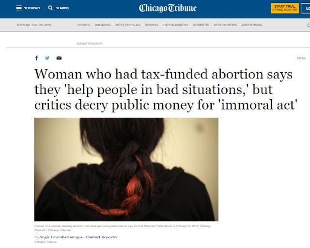 Chicago Tribune glorifies taxpayer funded abortion Image: Chicago Tribune glorifies taxpayer funded abortion