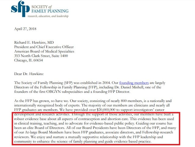 Society of Family Planning has ties to Family Planning FFP and abortion (Image: Stephanie Teal letter in ABMS application) Image: Society of Family Planning has ties to Family Planning FFP and abortion