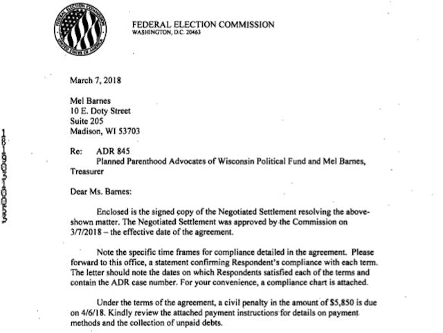 Letter: 2018 Federal Elections Commission (FEC) ADR against Planned Parenthood Advocates of Wisconsin Image: letter 2018 Federal Elections Commission (FEC) ADR against Planned Parenthood Advocates of Wisconsin