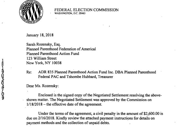 Letter: 2018 Federal Elections Commission (FEC) ADR against Planned Parenthood Action Fund IMage: Letter 2018 Federal Elections Commission (FEC) ADR against Planned Parenthood Action Fund