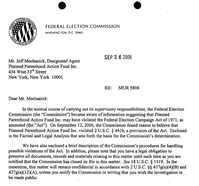 Letter: Federal Elections Commission (FEC) against Planned Parenthood Action Fund Image: letter Federal Elections Commission (FEC) against Planned Parenthood Action Fund