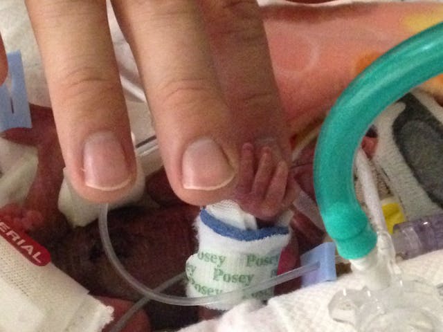 Naomi holding her father’s finger. Naomi holding her father's finger.