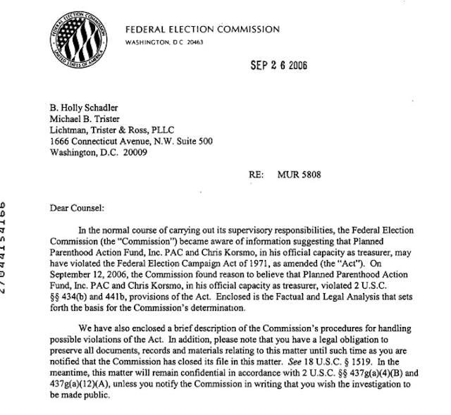 Letter: Federal Elections Commission (FEC) against Planned Parenthood Action Fund and Treasurer Image: letter Federal Elections Commission (FEC) against Planned Parenthood Action Fund and Treasurer
