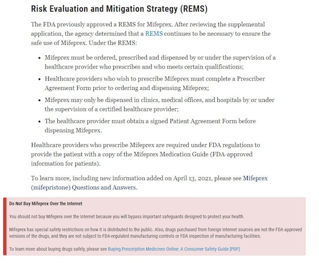 Image: Abortion Pill REMS requirements by FDA (Image: FDA website accessed 5/11/21)