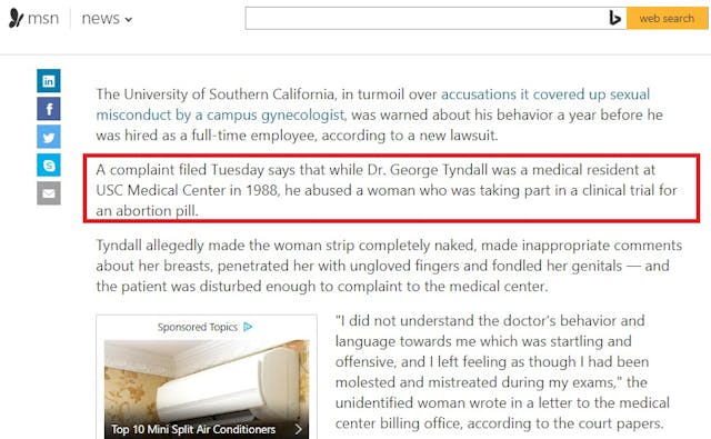 George Tyndall accused of sexually abusing abortion patient (Image: screen capture from MSN news report) Image: George Tyndall accused of sexually abusing abortion patient MSN (Image: screen capture from MSN news report); harming women
