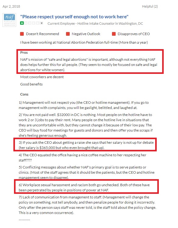Image: NAF GlassDoor review accuses the abortion org of sexual harassment and racism