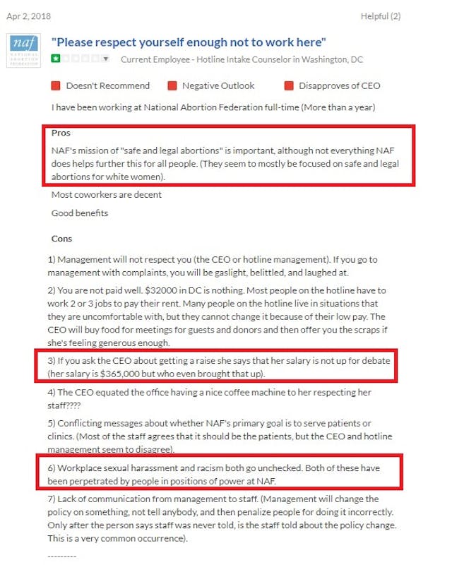 NAF GlassDoor review accuses the abortion org of sexual harassment and racism Image: NAF GlassDoor review accuses the abortion org of sexual harassment and racism