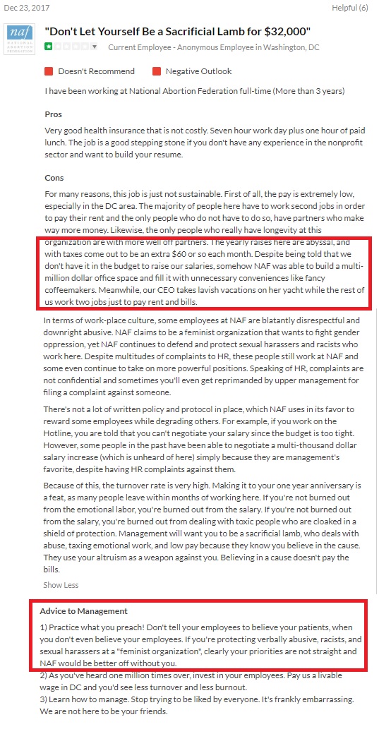 Image: NAF GlassDoor review accuses abortion org of sexual harassment and racism low salaries