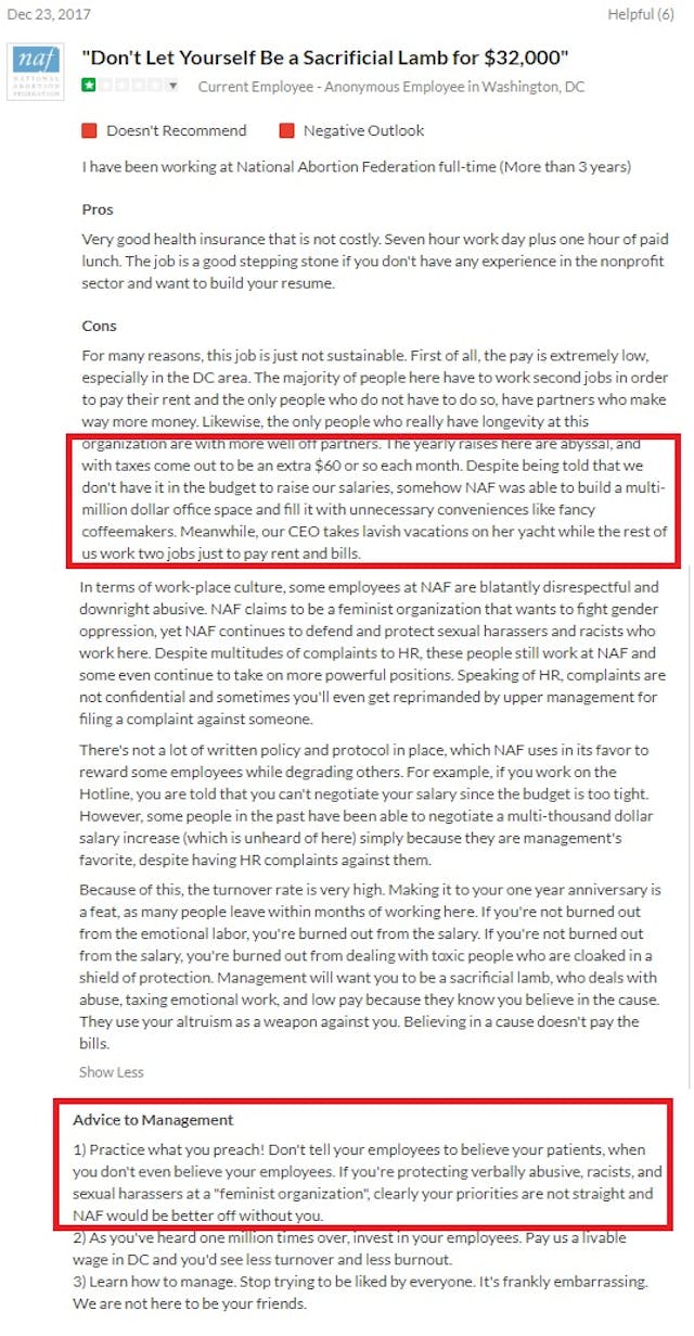 NAF GlassDoor review accuses abortion org of sexual harassment and racism low salaries Image: NAF GlassDoor review accuses abortion org of sexual harassment and racism low salaries