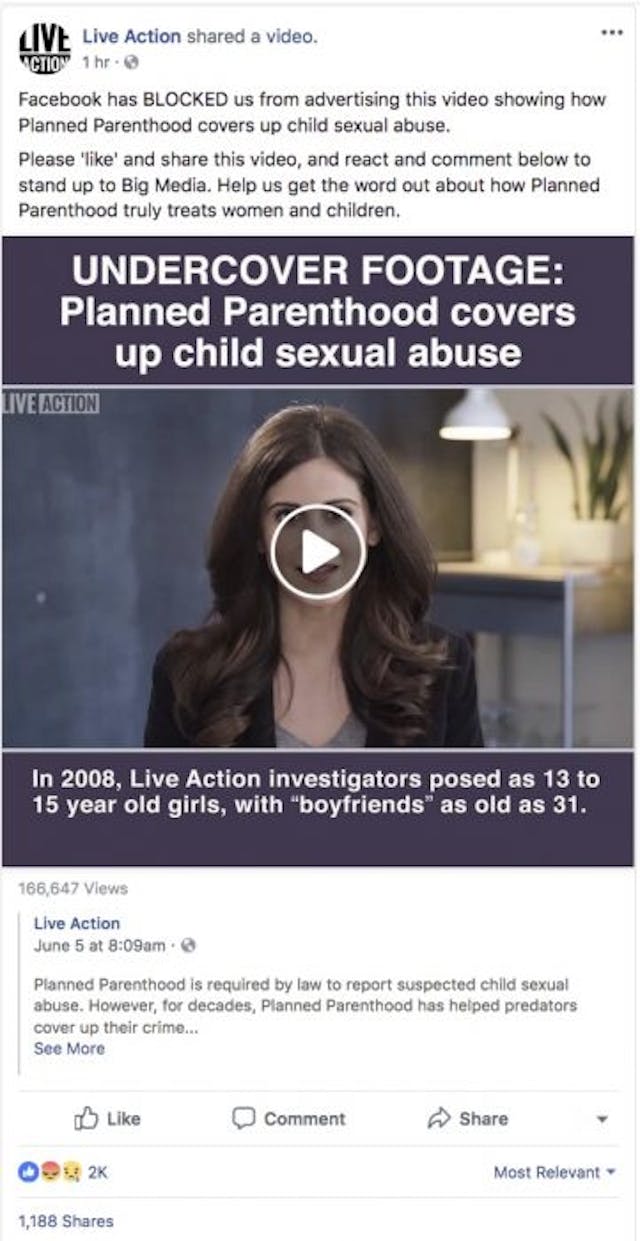 Facebook holds Live Action videos, allows Planned Parenthood to promote sex to kids image