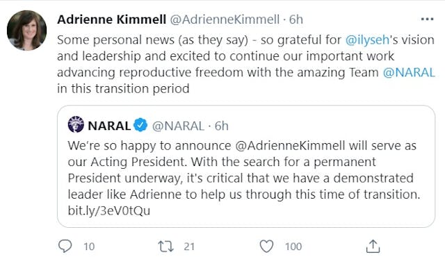 NARAL acting president Adrienne Kimmell (Image: Twitter 5/04/21) Image: NARAL acting president Adrienne Kimmell (Image: Twitter 5/04/21)
