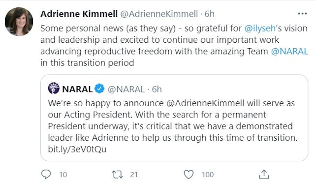 Image: NARAL acting president Adrienne Kimmell (Image: Twitter 5/04/21)