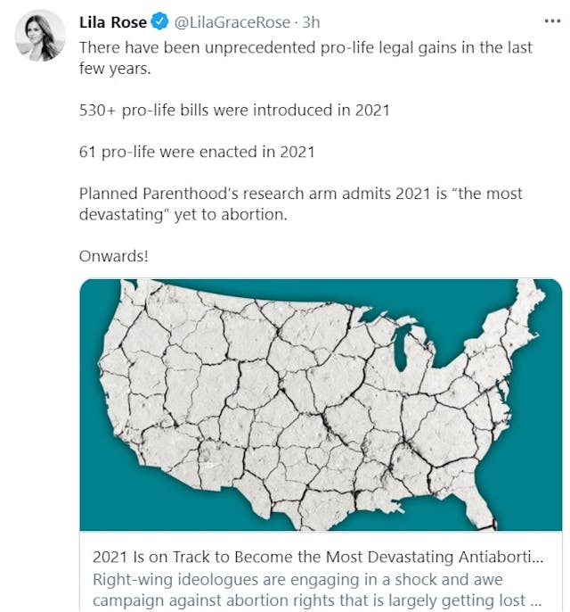 Lila Rose celebrates five hundred pro-life laws introduced in 2021 (Image: Twitter) Image: Lila Rose celebrates five hundred pro-life laws introduced in 2021 (Image: Twitter)