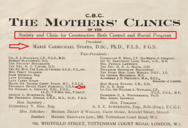 Marie Stopes Society and Clinic for Constructive Birth Control and Racial Progress founded in eugenics Image: Marie Stopes Society and Clinic for Constructive Birth Control and Racial Progress