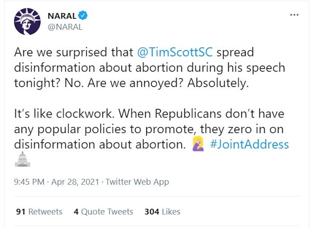 Image: NARAL responds to Sen Tim Scott on Biden push toward tax-funded abortion and repealing Hyde Amendment (Image: Twitter)